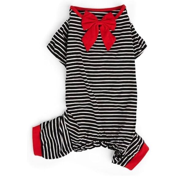 YOULY The Revolutionary Striped Pet Pajamas, Large NWT Black White Red Bow - Picture 1 of 6
